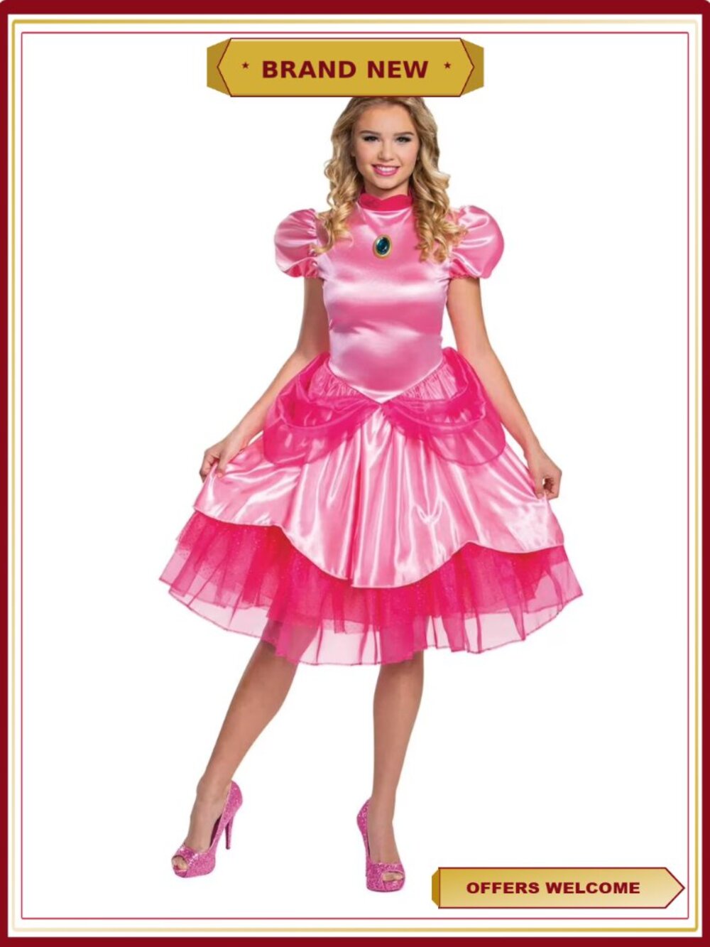 Nintendo Super Mario Princess Peach Costume Dress Crown Medium